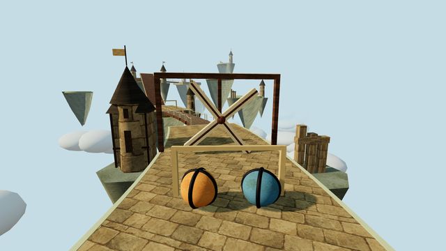 An orange ball and a blue ball racing on a stone path between floating islands and a windmill