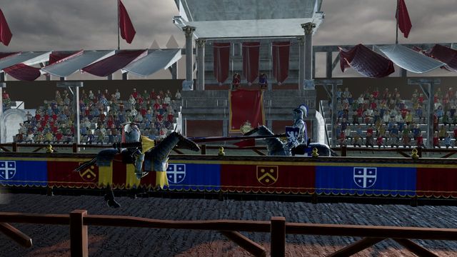 Two armoured knights charging at each other along the tilt barrier in front of a cheering crowd